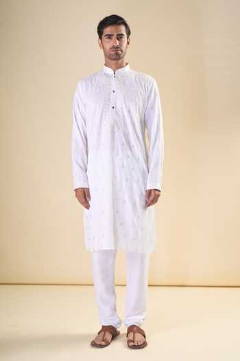 Arihant Rai Sinha White Silk Sequins, Embroidery Geometric Straight Kurta With Pyjama 3