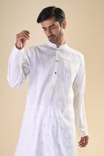 Arihant Rai Sinha White Silk Sequins, Embroidery Geometric Straight Kurta With Pyjama 5