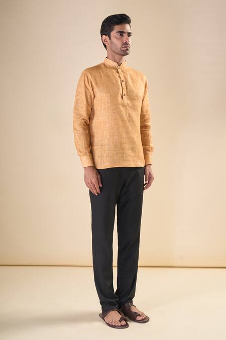 Buy_Arihant Rai Sinha_Yellow Cotton Abstract Checks Print Shirt Style Short Kurta_Online_at_Aza_Fashions