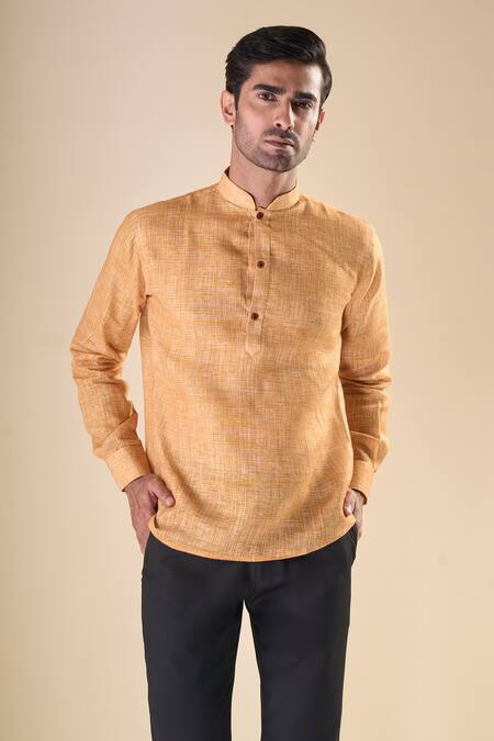 Arihant Rai Sinha_Yellow Cotton Abstract Checks Print Shirt Style Short Kurta_at_Aza_Fashions
