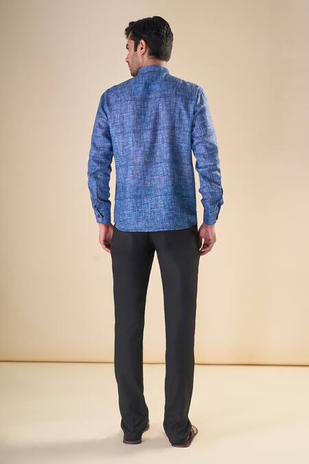 Shop Arihant Rai Sinha Blue Cotton Checks Print Short Kurta at Aza Fashions Shop_Arihant Rai Sinha_Blue Cotton Checks Print Short Kurta_at_Aza_Fashions