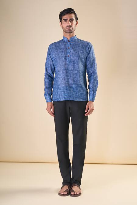 Arihant Rai Sinha Blue Cotton Checks Print Short Kurta Online at Aza Fashions Arihant Rai Sinha_Blue Cotton Checks Print Short Kurta_Online_at_Aza_Fashions