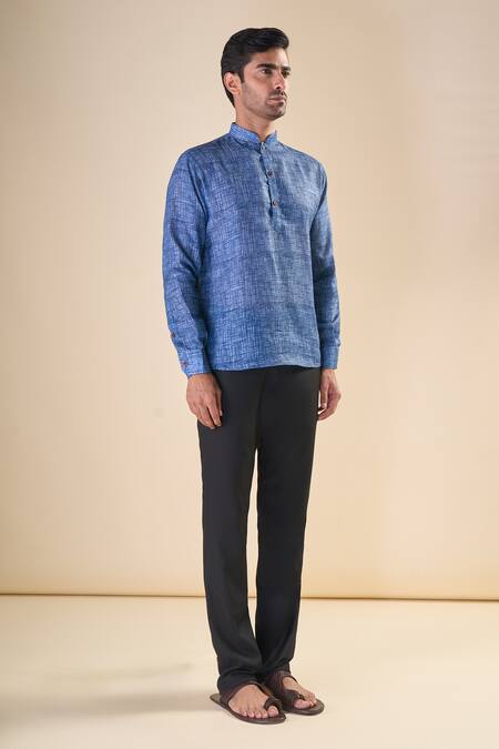 Buy Arihant Rai Sinha Blue Cotton Checks Print Short Kurta Online at Aza Fashions Buy_Arihant Rai Sinha_Blue Cotton Checks Print Short Kurta_Online_at_Aza_Fashions