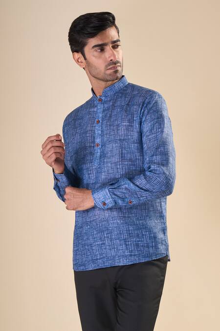 Shop Arihant Rai Sinha Blue Cotton Checks Print Short Kurta Online at Aza Fashions Shop_Arihant Rai Sinha_Blue Cotton Checks Print Short Kurta_Online_at_Aza_Fashions