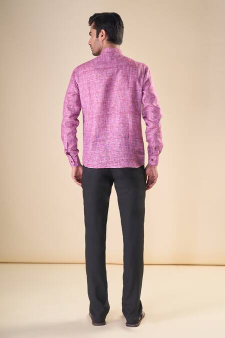 Shop Arihant Rai Sinha Pink Cotton Print Shirt Style Short Kurta at Aza Fashions Shop_Arihant Rai Sinha_Pink Cotton Print Shirt Style Short Kurta_at_Aza_Fashions