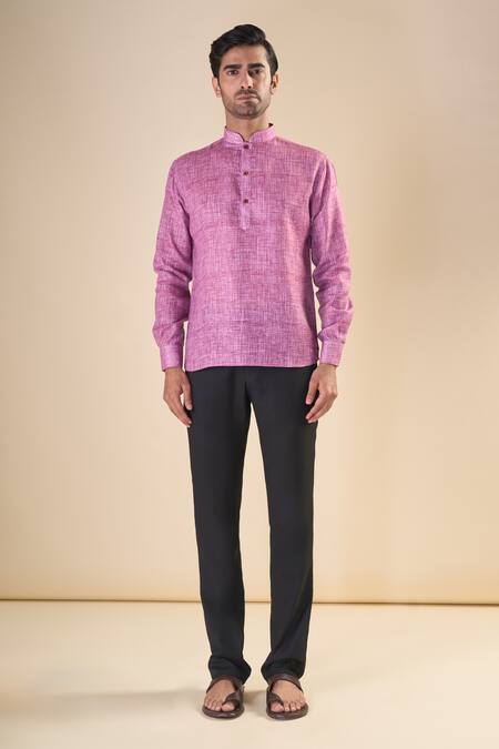 Arihant Rai Sinha Pink Cotton Print Shirt Style Short Kurta Online at Aza Fashions Arihant Rai Sinha_Pink Cotton Print Shirt Style Short Kurta_Online_at_Aza_Fashions