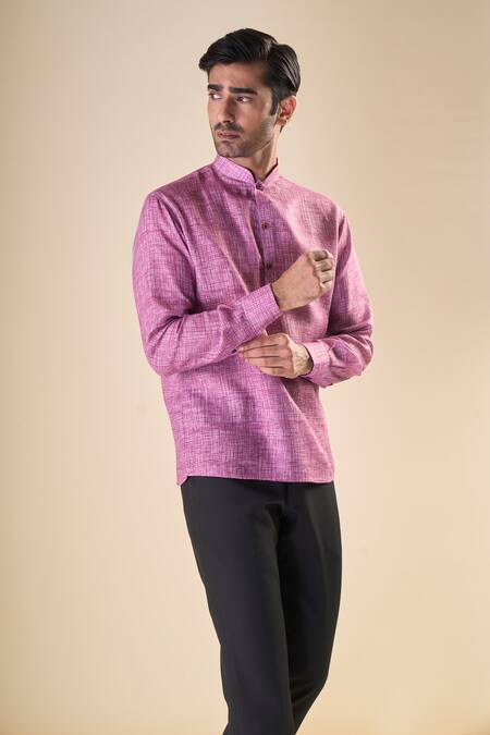 Shop Arihant Rai Sinha Pink Cotton Print Shirt Style Short Kurta Online at Aza Fashions Shop_Arihant Rai Sinha_Pink Cotton Print Shirt Style Short Kurta_Online_at_Aza_Fashions