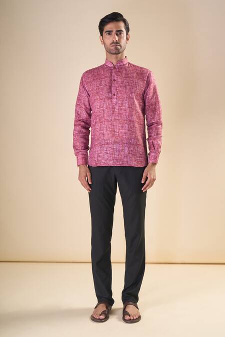 Arihant Rai Sinha Peach Cotton Abstract Print Shirt Style Short Kurta Online at Aza Fashions Arihant Rai Sinha_Peach Cotton Abstract Print Shirt Style Short Kurta_Online_at_Aza_Fashions