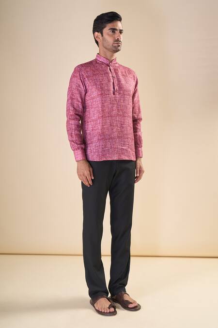 Buy Arihant Rai Sinha Peach Cotton Abstract Print Shirt Style Short Kurta Online at Aza Fashions Buy_Arihant Rai Sinha_Peach Cotton Abstract Print Shirt Style Short Kurta_Online_at_Aza_Fashions