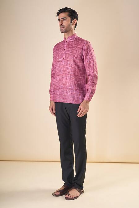 Shop Arihant Rai Sinha Peach Cotton Abstract Print Shirt Style Short Kurta Online at Aza Fashions Shop_Arihant Rai Sinha_Peach Cotton Abstract Print Shirt Style Short Kurta_Online_at_Aza_Fashions