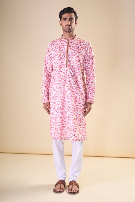 Arihant Rai Sinha_Pink Cotton Embroidery Feather Print Straight Kurta_Online_at_Aza_Fashions