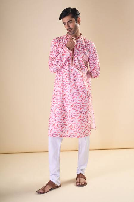 Buy_Arihant Rai Sinha_Pink Cotton Embroidery Feather Print Straight Kurta_Online_at_Aza_Fashions