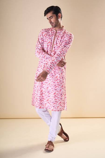 Shop_Arihant Rai Sinha_Pink Cotton Embroidery Feather Print Straight Kurta_Online_at_Aza_Fashions