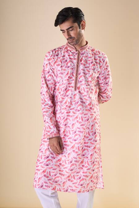 Arihant Rai Sinha_Pink Cotton Embroidery Feather Print Straight Kurta_at_Aza_Fashions