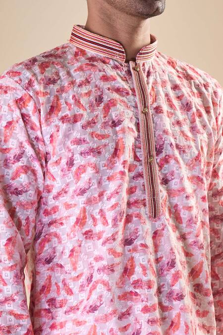 Buy_Arihant Rai Sinha_Pink Cotton Embroidery Feather Print Straight Kurta