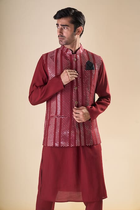 Shop Arihant Rai Sinha Maroon Silk Sequins Embellished Nehru Jacket Online at Aza Fashions Shop_Arihant Rai Sinha_Maroon Silk Sequins Embellished Nehru Jacket_Online_at_Aza_Fashions