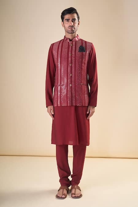Buy Arihant Rai Sinha Maroon Silk Sequins Embellished Nehru Jacket Buy_Arihant Rai Sinha_Maroon Silk Sequins Embellished Nehru Jacket