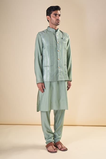 Arihant Rai Sinha_Green Silk Sequins Embellished Nehru Jacket_Online_at_Aza_Fashions