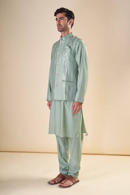 Shop_Arihant Rai Sinha_Green Silk Sequins Embellished Nehru Jacket_Online_at_Aza_Fashions
