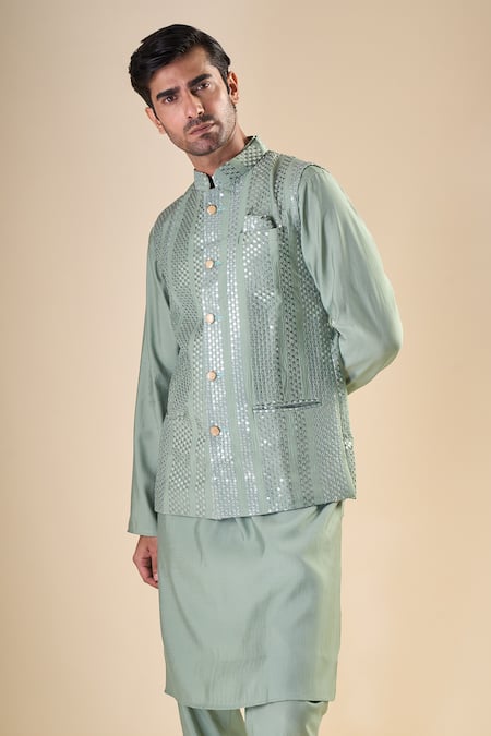 Arihant Rai Sinha_Green Silk Sequins Embellished Nehru Jacket_at_Aza_Fashions