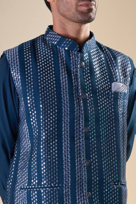 Buy_Arihant Rai Sinha_Blue Silk Embroidery Sequin Embellished Navy Bundi