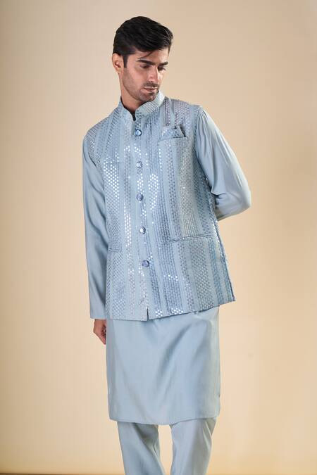 Arihant Rai Sinha_Blue Silk Sequins Sky Detailed Bundi_at_Aza_Fashions