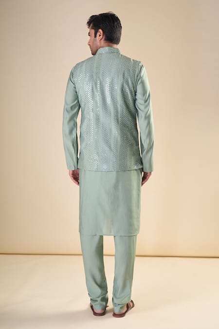 Shop_Arihant Rai Sinha_Green , Satin Solid Kurta And Pyjama Set_at_Aza_Fashions