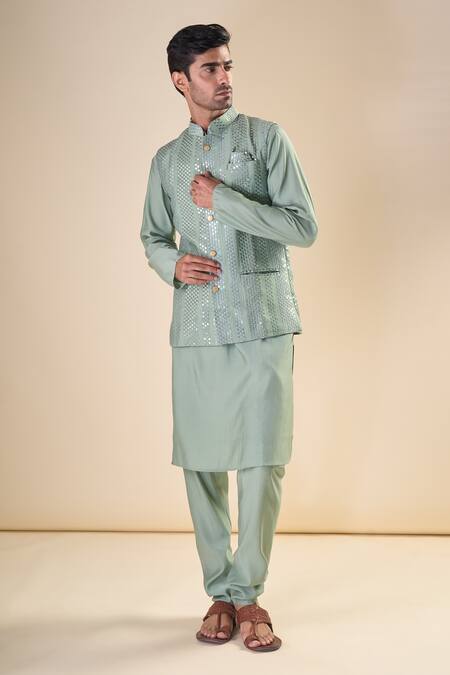 Buy_Arihant Rai Sinha_Green , Satin Solid Kurta And Pyjama Set_Online_at_Aza_Fashions