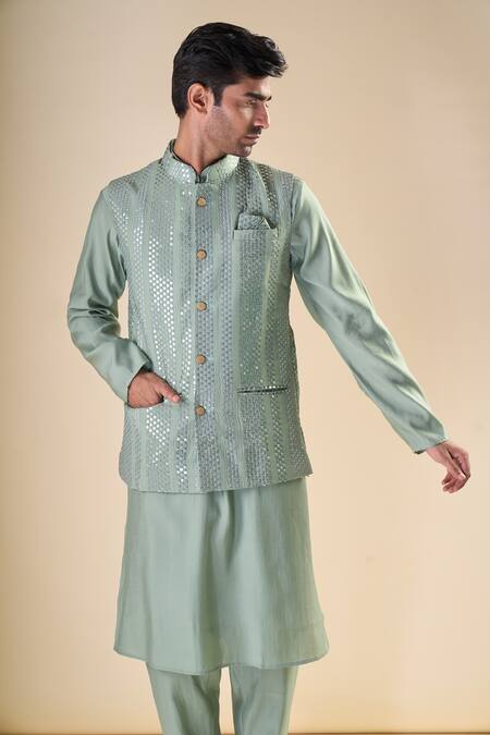 Shop_Arihant Rai Sinha_Green , Satin Solid Kurta And Pyjama Set_Online_at_Aza_Fashions
