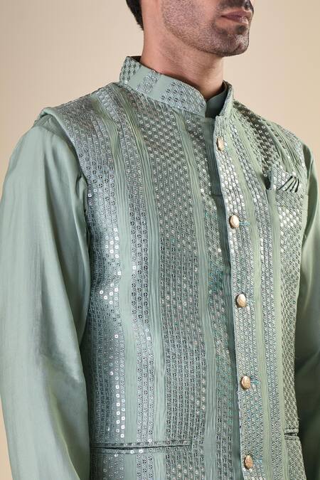 Arihant Rai Sinha_Green , Satin Solid Kurta And Pyjama Set_at_Aza_Fashions