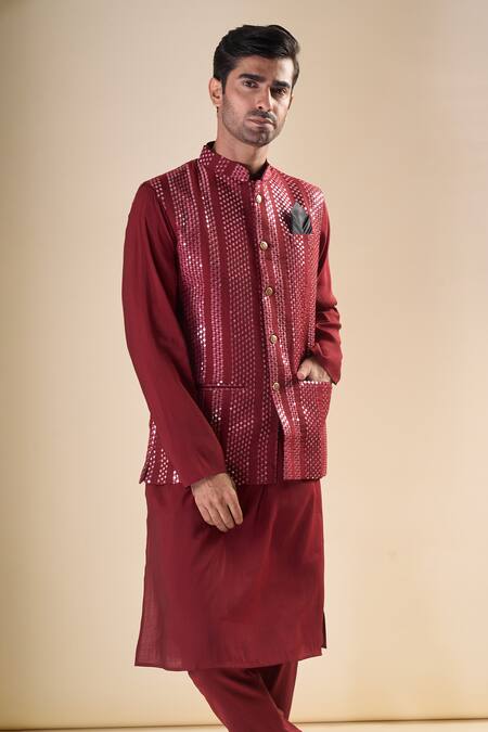 Buy_Arihant Rai Sinha_Maroon , Satin Solid Kurta With Pyjama_Online_at_Aza_Fashions