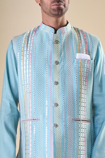 Shop_Arihant Rai Sinha_Blue , Satin Solid Straight Kurta And Pyjama Set_Online_at_Aza_Fashions