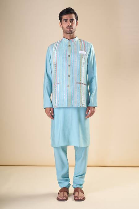 Arihant Rai Sinha_Blue , Satin Solid Straight Kurta And Pyjama Set_at_Aza_Fashions