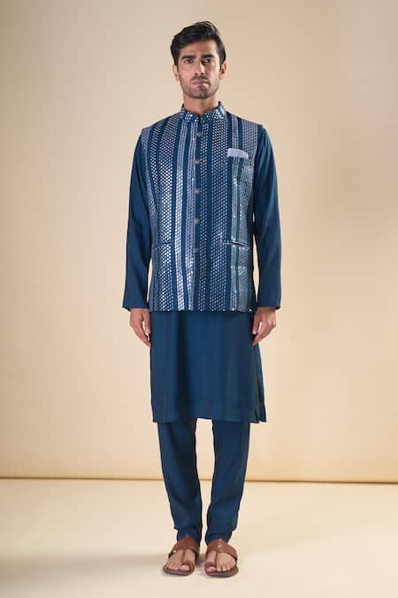 Arihant Rai Sinha_Blue , Satin Solid Straight Kurta With Pyjama_Online_at_Aza_Fashions