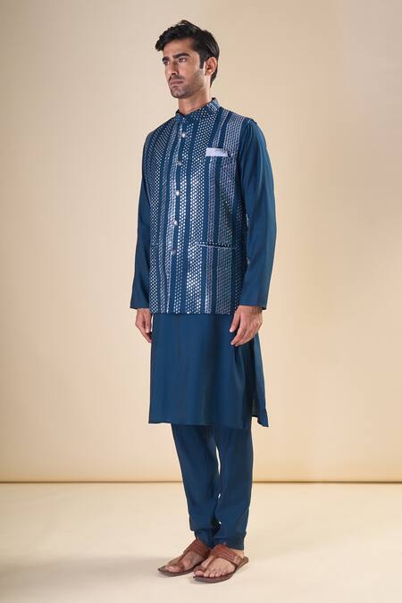 Buy_Arihant Rai Sinha_Blue , Satin Solid Straight Kurta With Pyjama_Online_at_Aza_Fashions