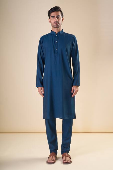 Shop_Arihant Rai Sinha_Blue , Satin Solid Straight Kurta With Pyjama_Online_at_Aza_Fashions