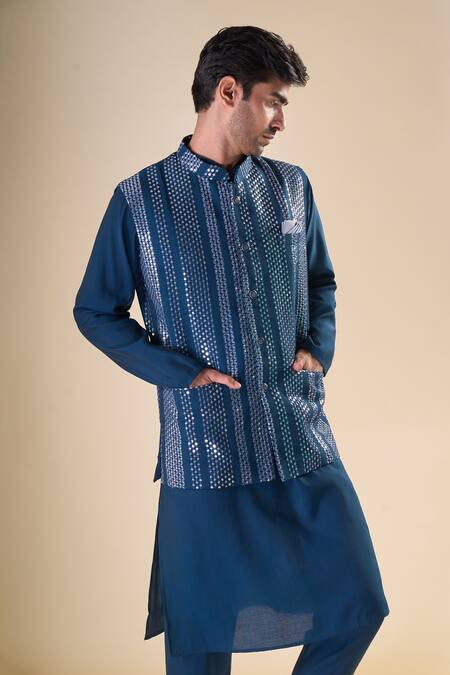 Arihant Rai Sinha_Blue , Satin Solid Straight Kurta With Pyjama_at_Aza_Fashions