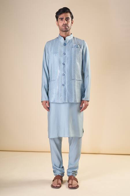 Buy_Arihant Rai Sinha_Blue , Satin Straight Kurta And Pyjama_Online_at_Aza_Fashions