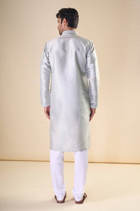 Shop Arihant Rai Sinha Grey Silk Embroidery Thread Detailed Neck Straight Kurta at Aza Fashions Shop_Arihant Rai Sinha_Grey Silk Embroidery Thread Detailed Neck Straight Kurta_at_Aza_Fashions