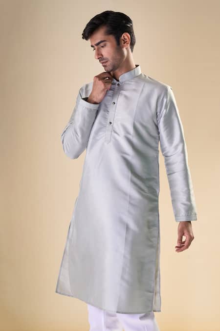 Arihant Rai Sinha Grey Silk Embroidery Thread Detailed Neck Straight Kurta at Aza Fashions Arihant Rai Sinha_Grey Silk Embroidery Thread Detailed Neck Straight Kurta_at_Aza_Fashions