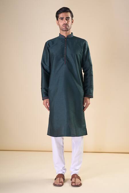 Arihant Rai Sinha_Green , Satin Front Placket Solid Kurta_Online_at_Aza_Fashions