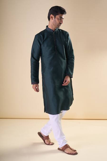 Buy_Arihant Rai Sinha_Green , Satin Front Placket Solid Kurta_Online_at_Aza_Fashions