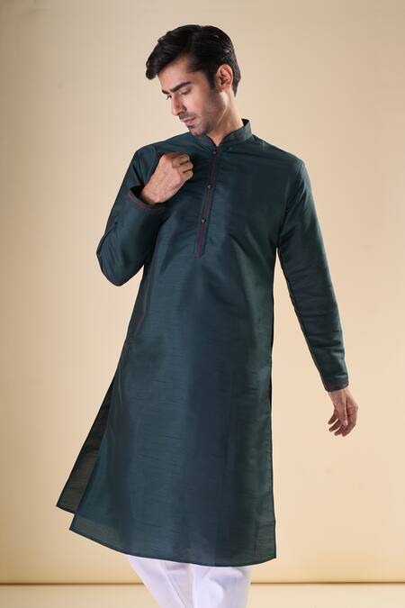 Shop_Arihant Rai Sinha_Green , Satin Front Placket Solid Kurta_Online_at_Aza_Fashions