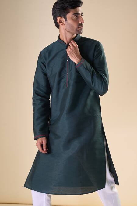 Arihant Rai Sinha_Green , Satin Front Placket Solid Kurta_at_Aza_Fashions