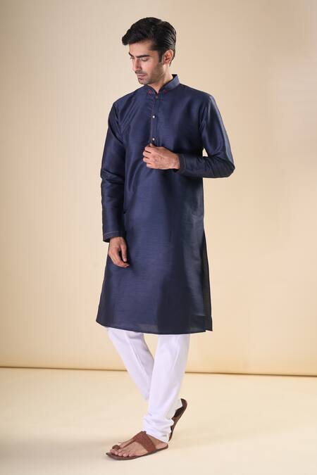 Shop_Arihant Rai Sinha_Blue Silk Straight Solid Kurta_Online_at_Aza_Fashions