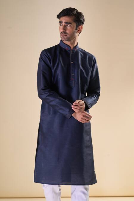 Arihant Rai Sinha_Blue Silk Straight Solid Kurta_at_Aza_Fashions