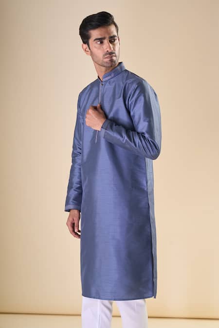 Shop_Arihant Rai Sinha_Blue Silk Plain Straight Kurta_Online_at_Aza_Fashions