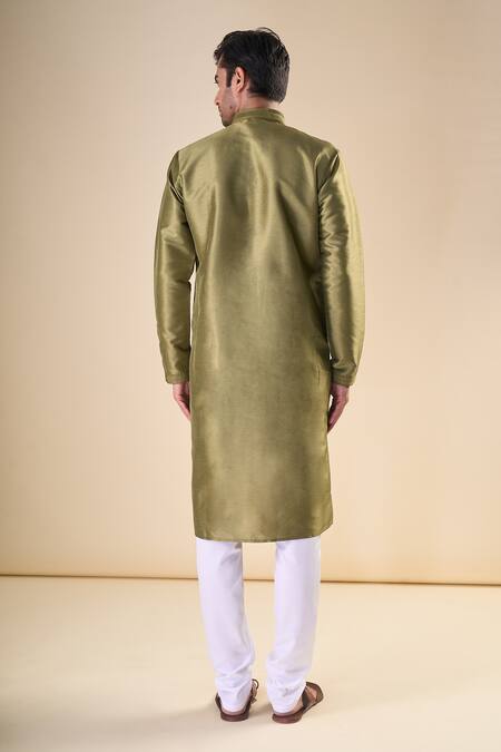 Shop Arihant Rai Sinha Green Silk Band Collar Straight Kurta at Aza Fashions Shop_Arihant Rai Sinha_Green Silk Band Collar Straight Kurta_at_Aza_Fashions