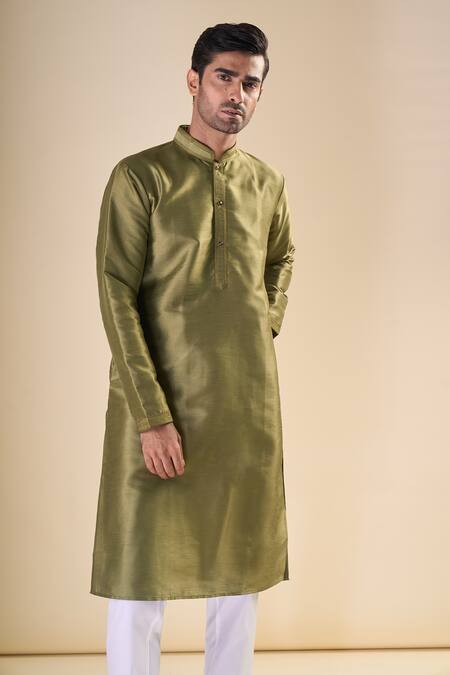 Shop Arihant Rai Sinha Green Silk Band Collar Straight Kurta Online at Aza Fashions Shop_Arihant Rai Sinha_Green Silk Band Collar Straight Kurta_Online_at_Aza_Fashions