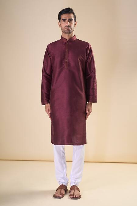 Arihant Rai Sinha_Maroon , Satin Band Collar Solid Kurta_Online_at_Aza_Fashions
